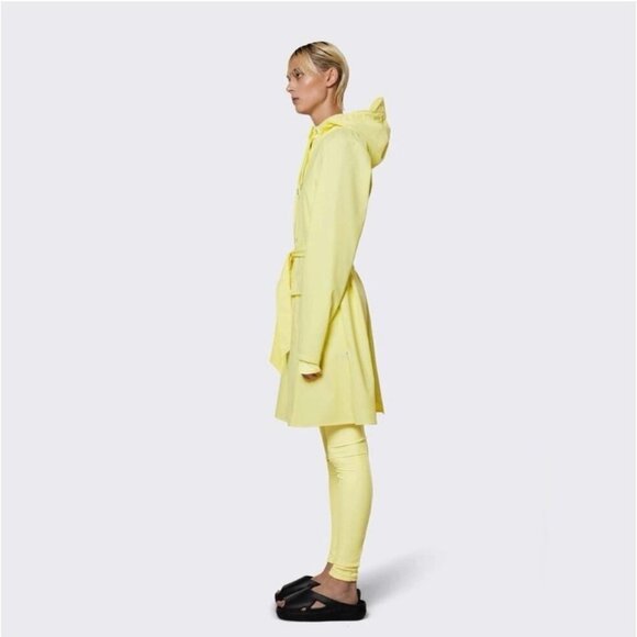 RAINS Women's Curve Raincoat Yellow Zipper Snap Trench Belted Waterproof Flawed - Picture 5 of 14